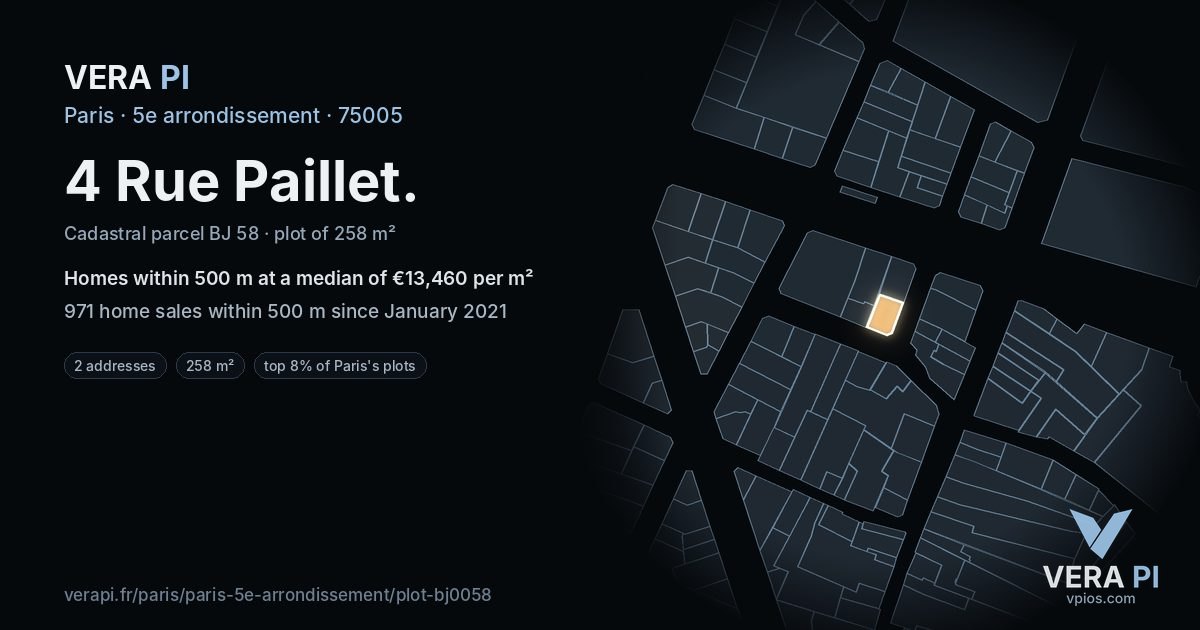 4 Rue Paillet, 5e arrondissement at night – the plot lit, the parcels around coloured by the prices near them