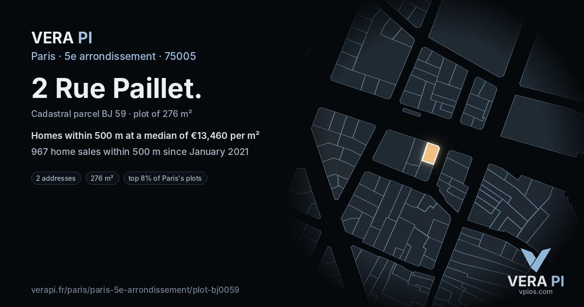 2 Rue Paillet, 5e arrondissement at night – the plot lit, the parcels around coloured by the prices near them