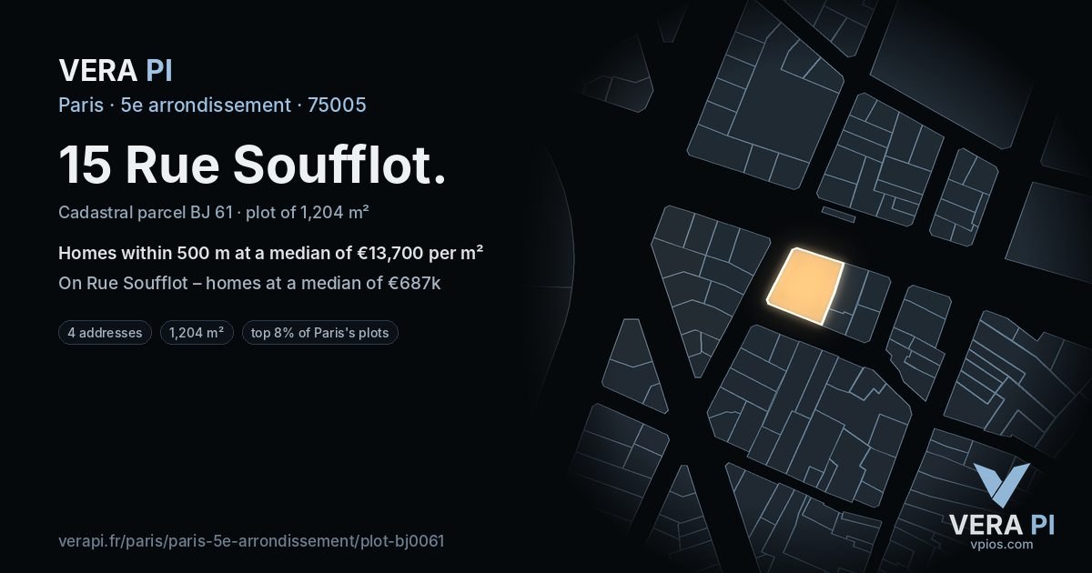 15 Rue Soufflot, 5e arrondissement at night – the plot lit, the parcels around coloured by the prices near them