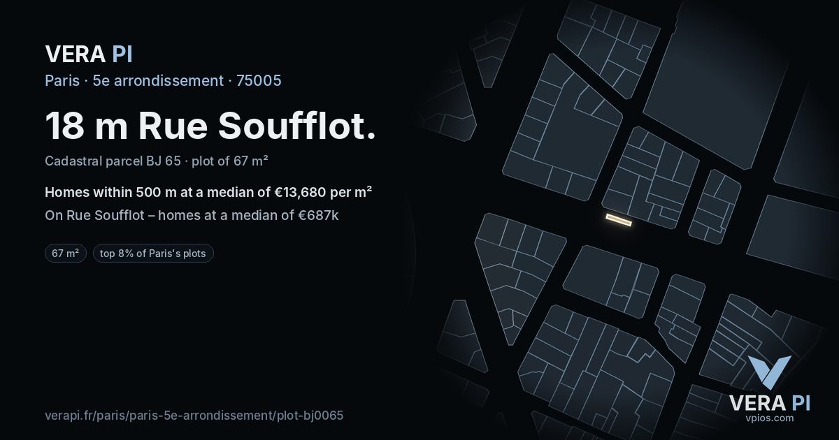 18 m Rue Soufflot, 5e arrondissement at night – the plot lit, the parcels around coloured by the prices near them