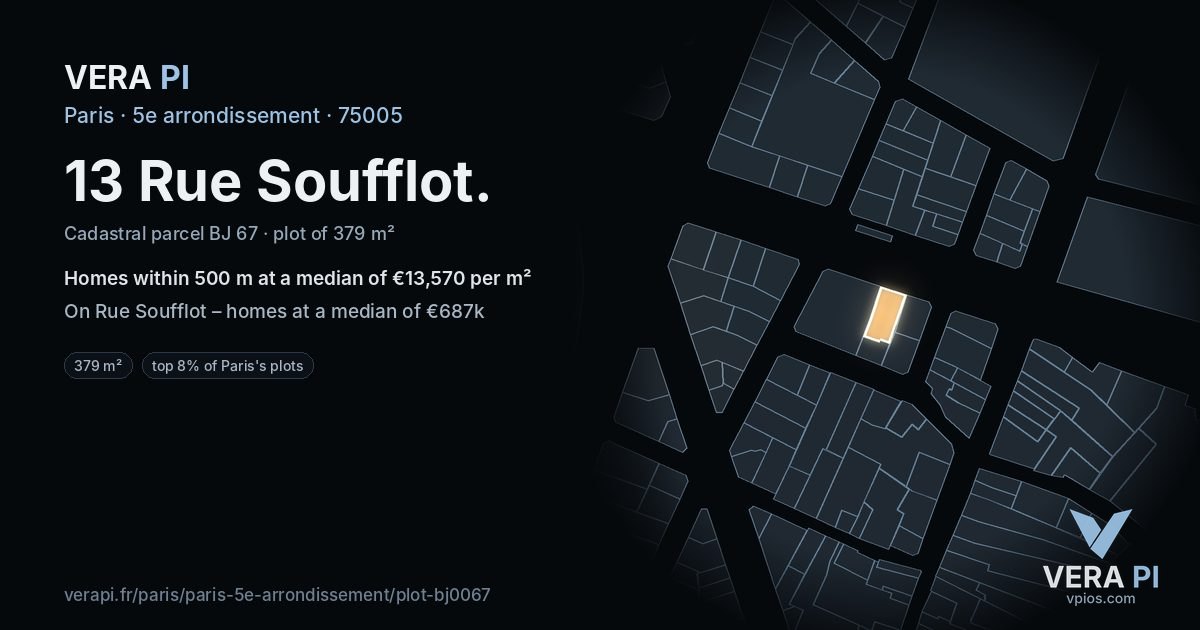 13 Rue Soufflot, 5e arrondissement at night – the plot lit, the parcels around coloured by the prices near them