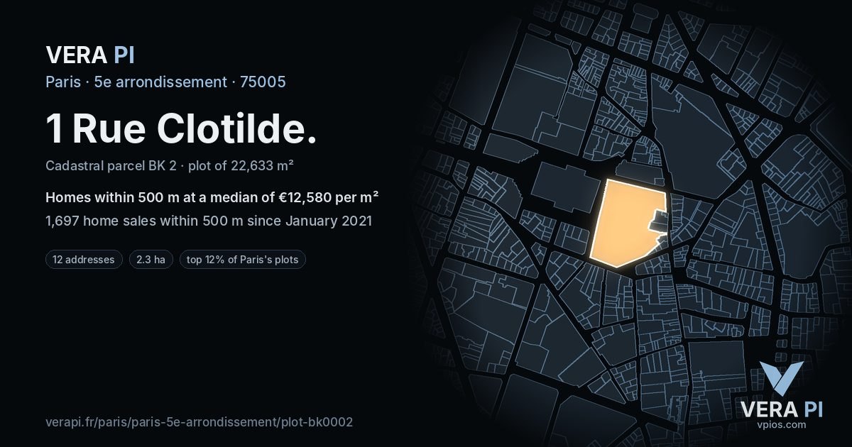 1 Rue Clotilde, 5e arrondissement at night – the plot lit, the parcels around coloured by the prices near them