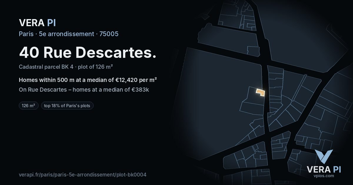 40 Rue Descartes, 5e arrondissement at night – the plot lit, the parcels around coloured by the prices near them