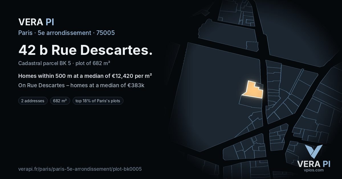 42 b Rue Descartes, 5e arrondissement at night – the plot lit, the parcels around coloured by the prices near them