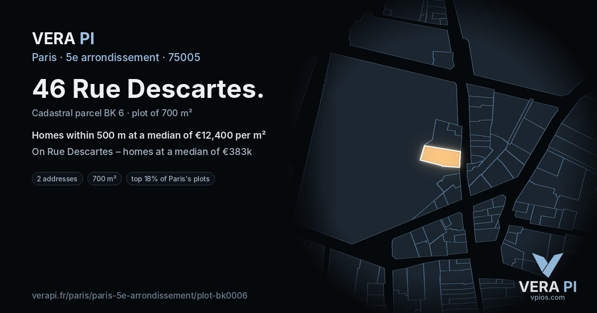 46 Rue Descartes, 5e arrondissement at night – the plot lit, the parcels around coloured by the prices near them