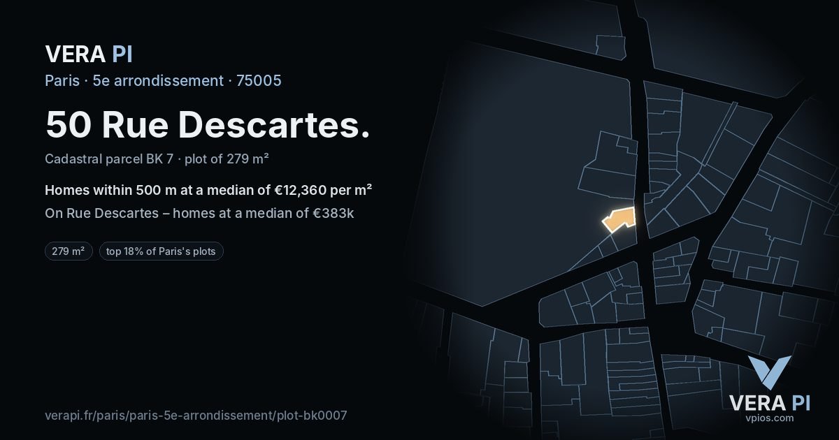 50 Rue Descartes, 5e arrondissement at night – the plot lit, the parcels around coloured by the prices near them