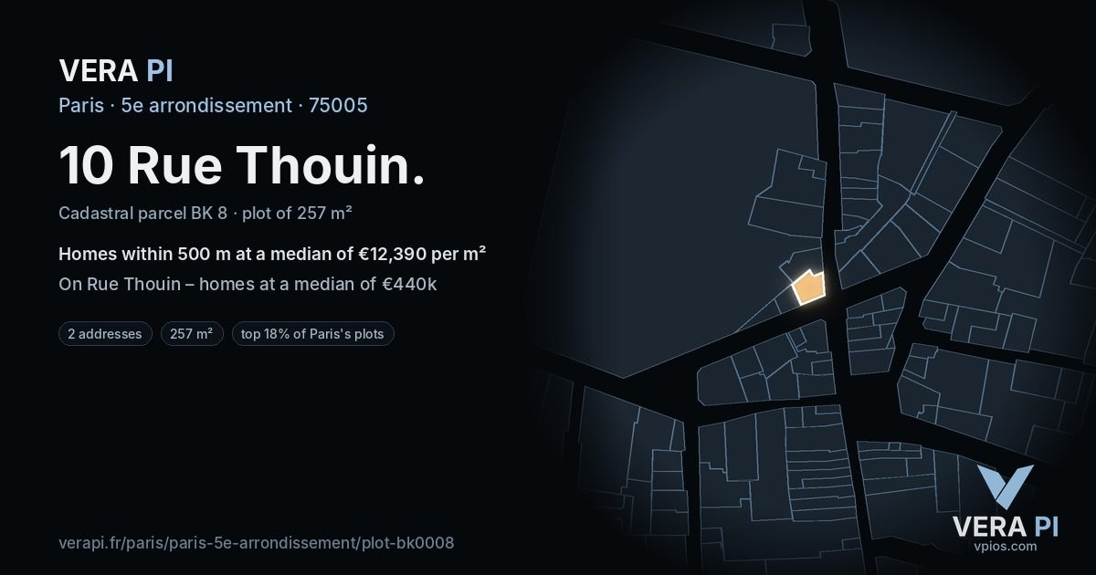 10 Rue Thouin, 5e arrondissement at night – the plot lit, the parcels around coloured by the prices near them