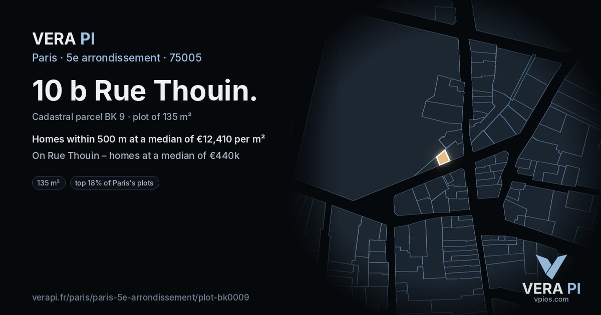 10 b Rue Thouin, 5e arrondissement at night – the plot lit, the parcels around coloured by the prices near them