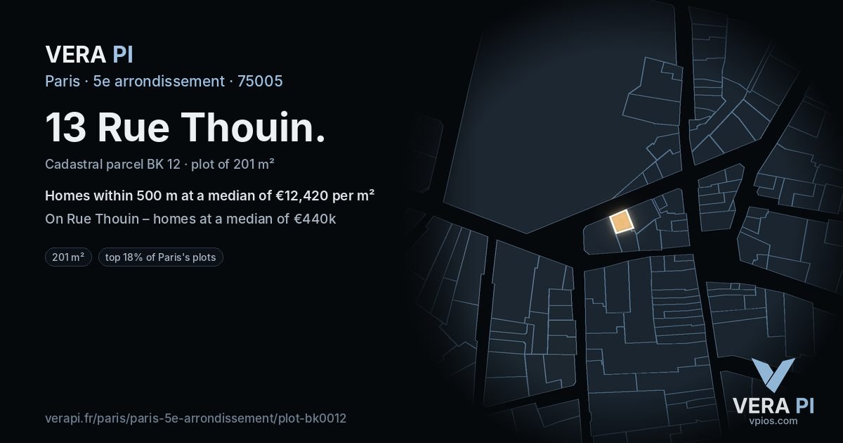 13 Rue Thouin, 5e arrondissement at night – the plot lit, the parcels around coloured by the prices near them