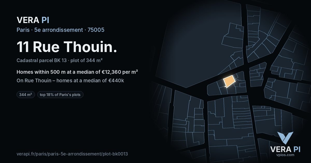 11 Rue Thouin, 5e arrondissement at night – the plot lit, the parcels around coloured by the prices near them