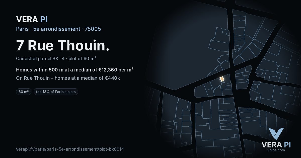 7 Rue Thouin, 5e arrondissement at night – the plot lit, the parcels around coloured by the prices near them