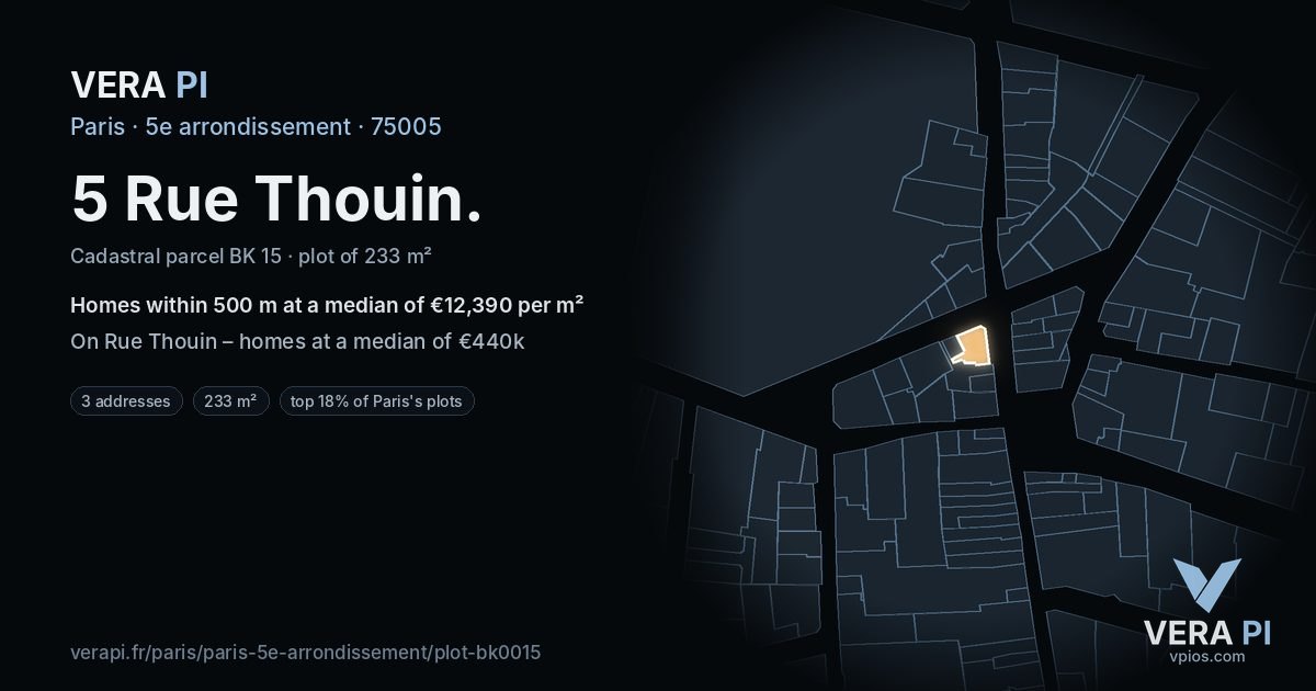 5 Rue Thouin, 5e arrondissement at night – the plot lit, the parcels around coloured by the prices near them