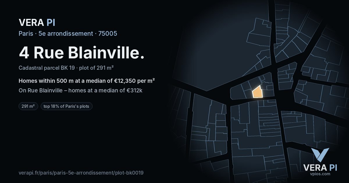 4 Rue Blainville, 5e arrondissement at night – the plot lit, the parcels around coloured by the prices near them