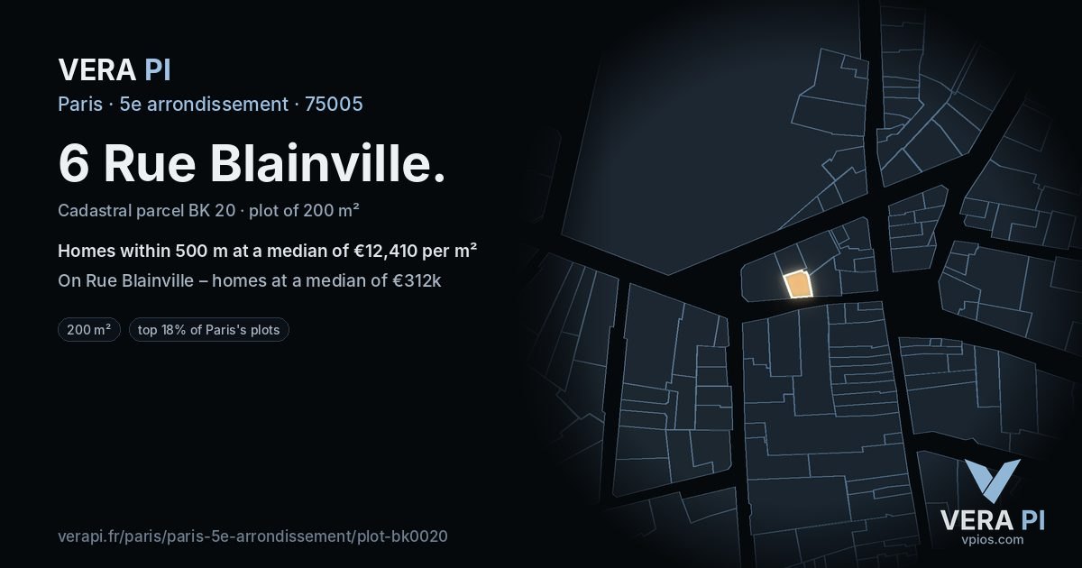 6 Rue Blainville, 5e arrondissement at night – the plot lit, the parcels around coloured by the prices near them