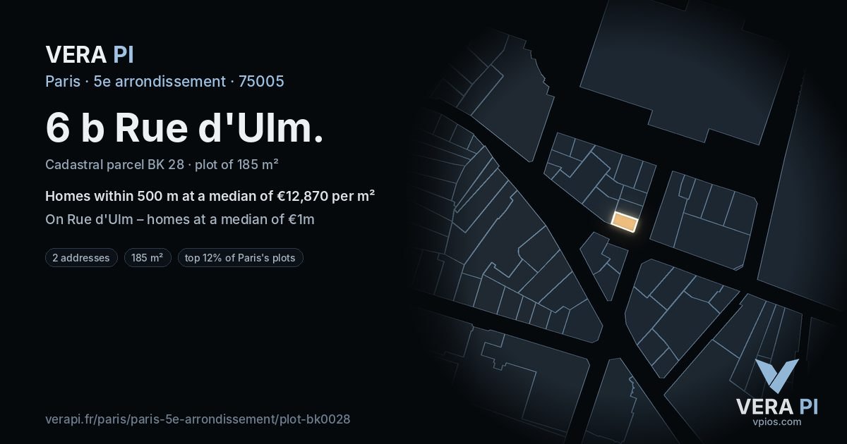 6 b Rue d'Ulm, 5e arrondissement at night – the plot lit, the parcels around coloured by the prices near them