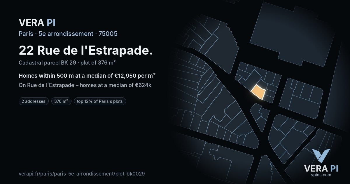 22 Rue de l'Estrapade, 5e arrondissement at night – the plot lit, the parcels around coloured by the prices near them