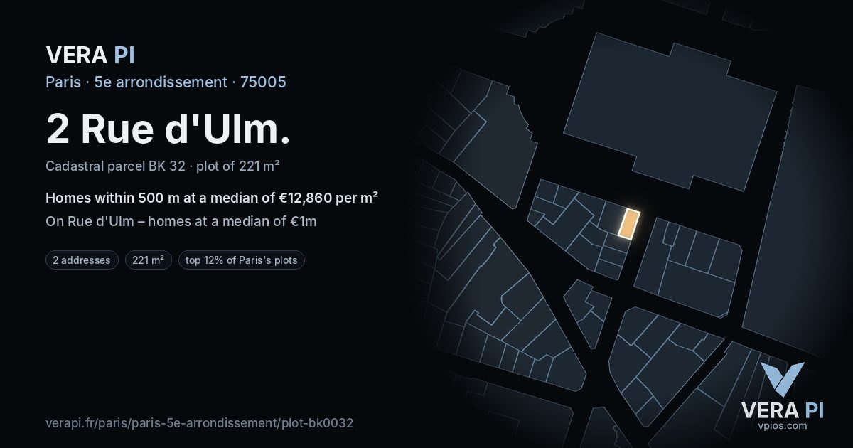 2 Rue d'Ulm, 5e arrondissement at night – the plot lit, the parcels around coloured by the prices near them