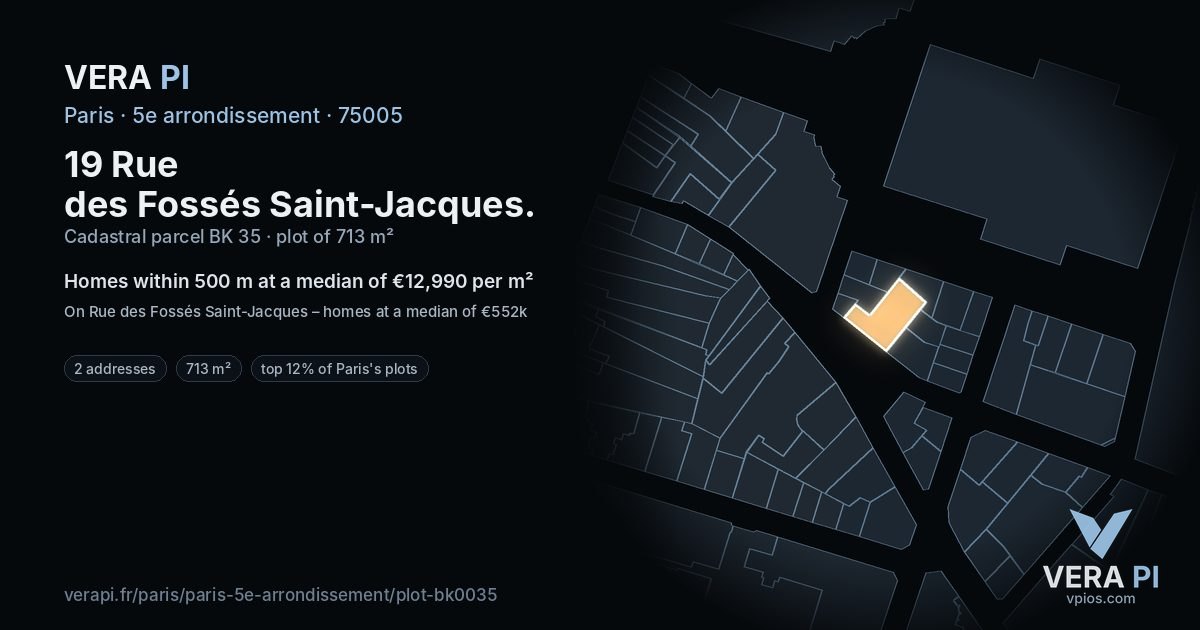 19 Rue des Fossés Saint-Jacques, 5e arrondissement at night – the plot lit, the parcels around coloured by the prices near them