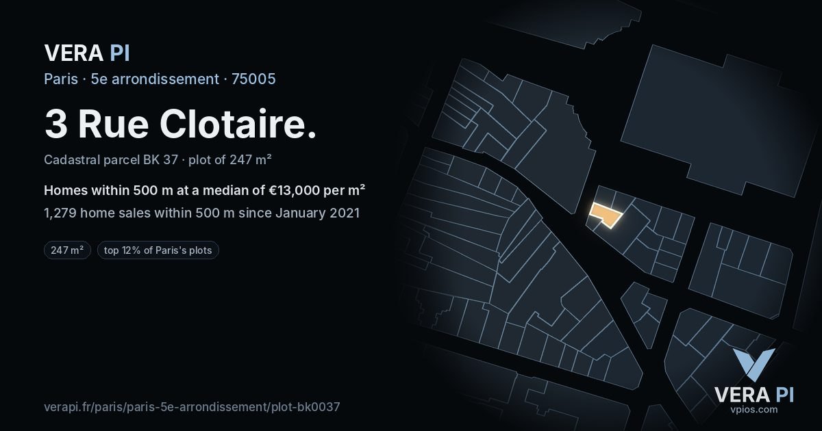 3 Rue Clotaire, 5e arrondissement at night – the plot lit, the parcels around coloured by the prices near them