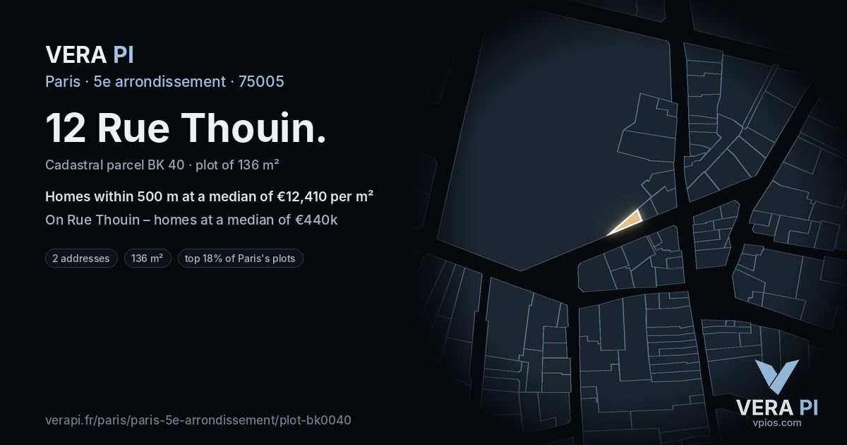 12 Rue Thouin, 5e arrondissement at night – the plot lit, the parcels around coloured by the prices near them
