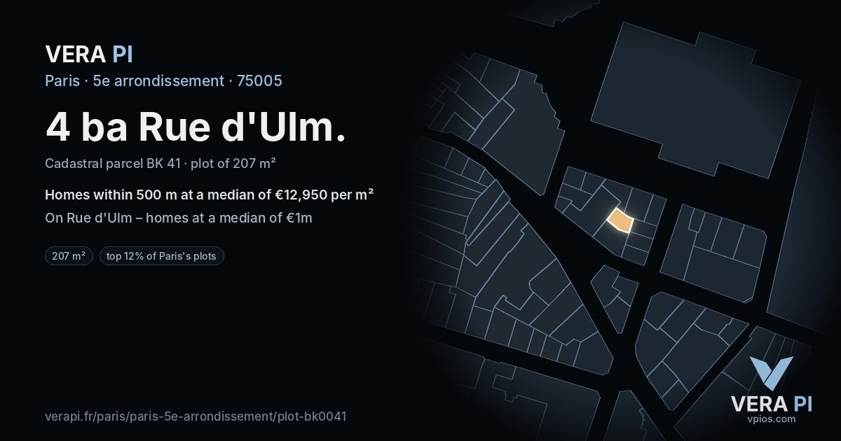 4 ba Rue d'Ulm, 5e arrondissement at night – the plot lit, the parcels around coloured by the prices near them