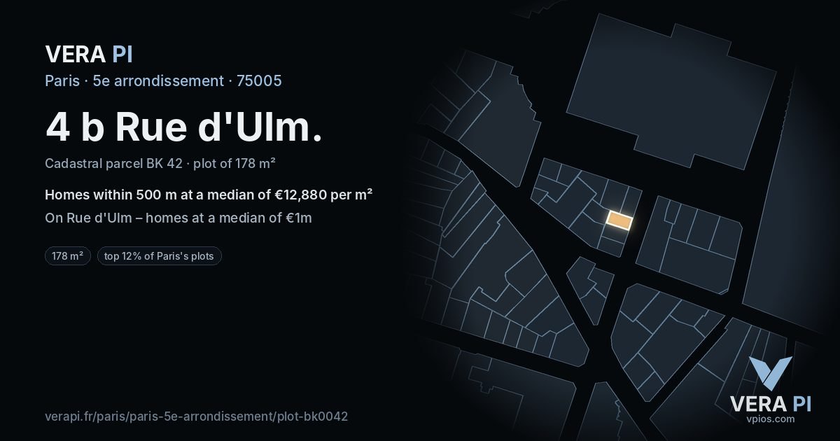 4 b Rue d'Ulm, 5e arrondissement at night – the plot lit, the parcels around coloured by the prices near them