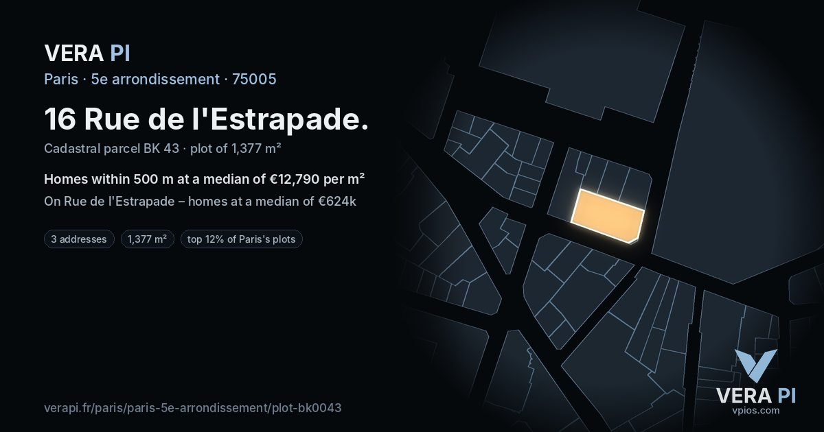 16 Rue de l'Estrapade, 5e arrondissement at night – the plot lit, the parcels around coloured by the prices near them