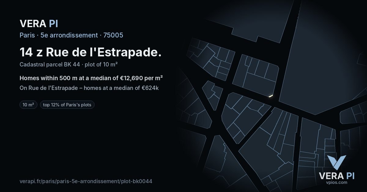 14 z Rue de l'Estrapade, 5e arrondissement at night – the plot lit, the parcels around coloured by the prices near them