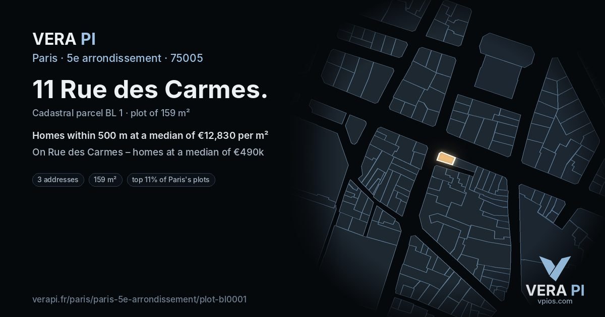 11 Rue des Carmes, 5e arrondissement at night – the plot lit, the parcels around coloured by the prices near them