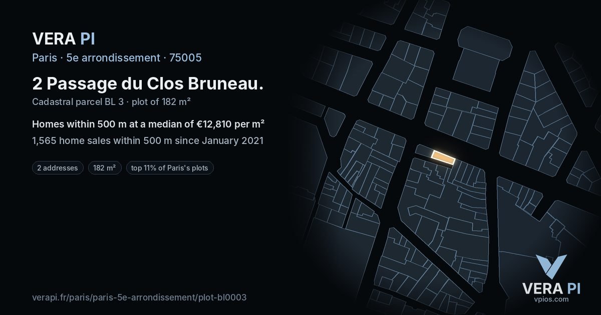 2 Passage du Clos Bruneau, 5e arrondissement at night – the plot lit, the parcels around coloured by the prices near them