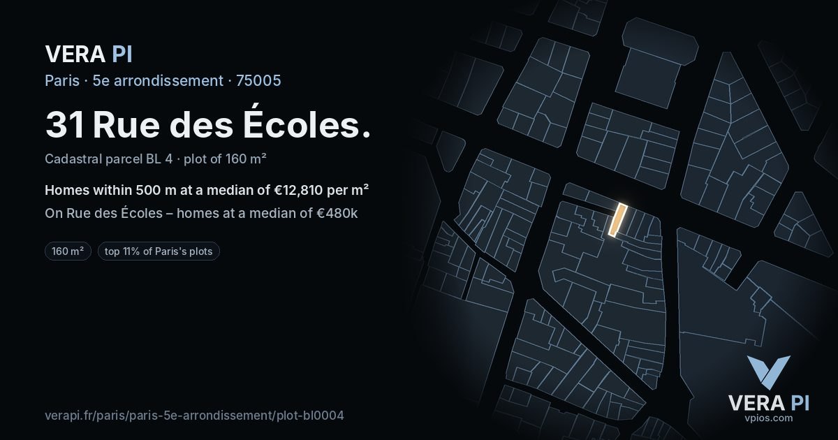 31 Rue des Écoles, 5e arrondissement at night – the plot lit, the parcels around coloured by the prices near them