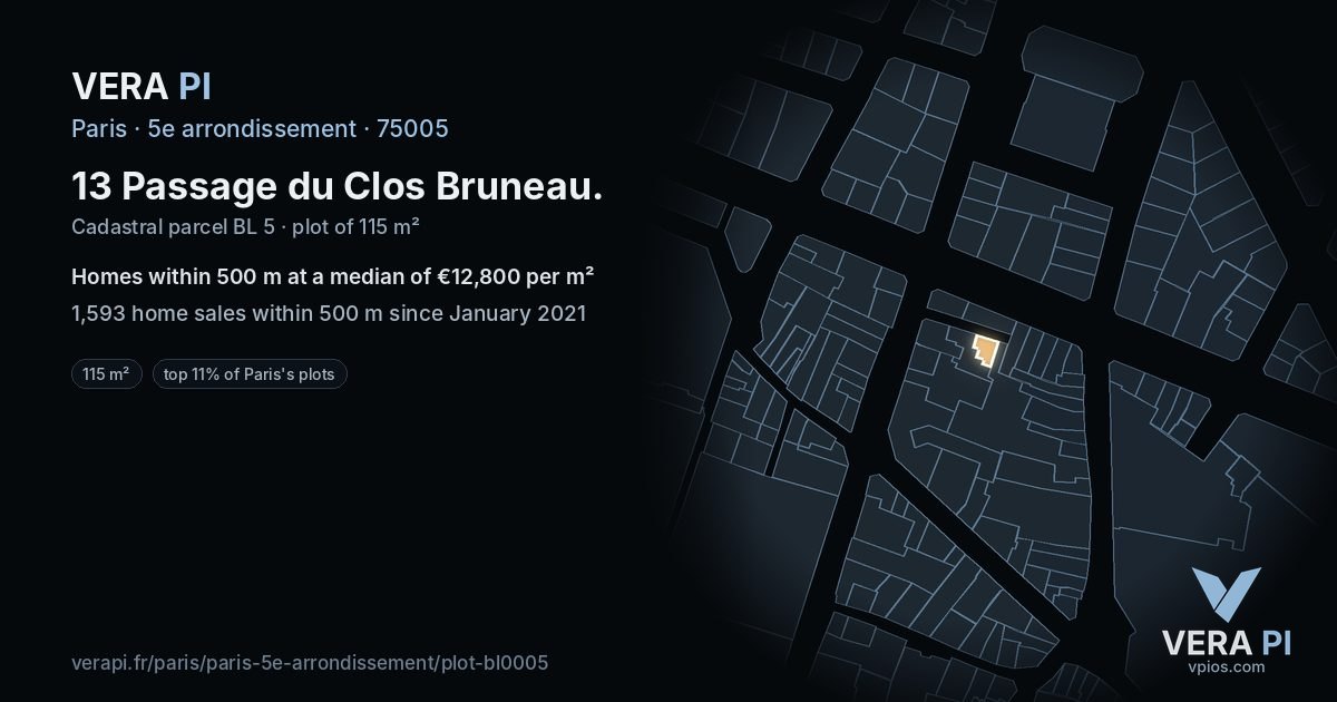 13 Passage du Clos Bruneau, 5e arrondissement at night – the plot lit, the parcels around coloured by the prices near them