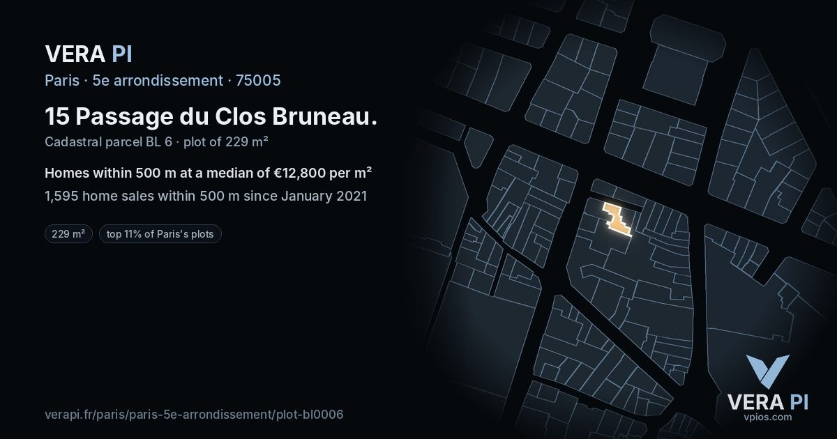 15 Passage du Clos Bruneau, 5e arrondissement at night – the plot lit, the parcels around coloured by the prices near them
