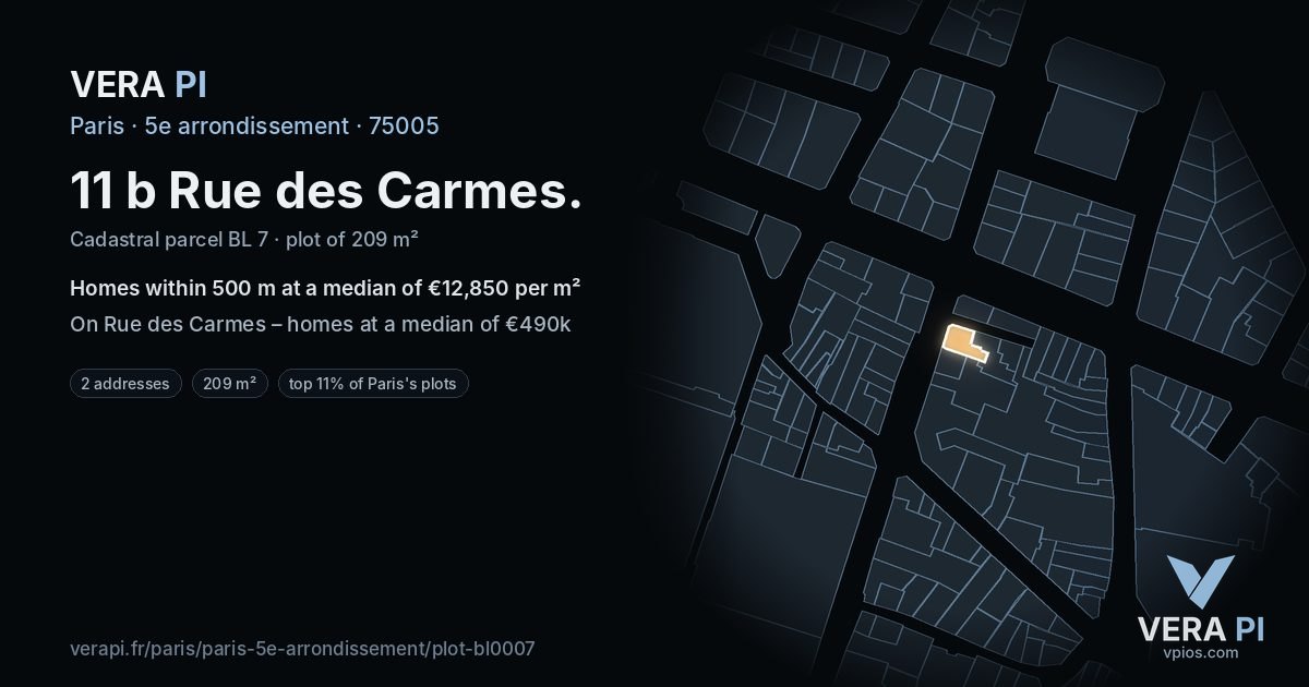 11 b Rue des Carmes, 5e arrondissement at night – the plot lit, the parcels around coloured by the prices near them