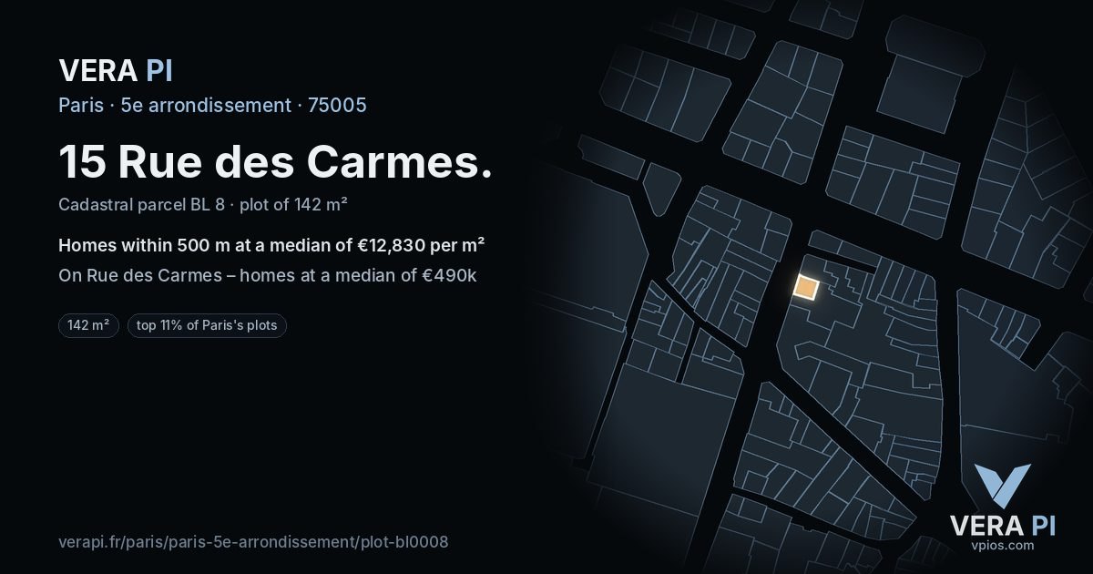 15 Rue des Carmes, 5e arrondissement at night – the plot lit, the parcels around coloured by the prices near them