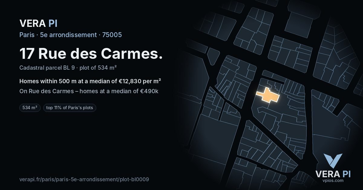 17 Rue des Carmes, 5e arrondissement at night – the plot lit, the parcels around coloured by the prices near them