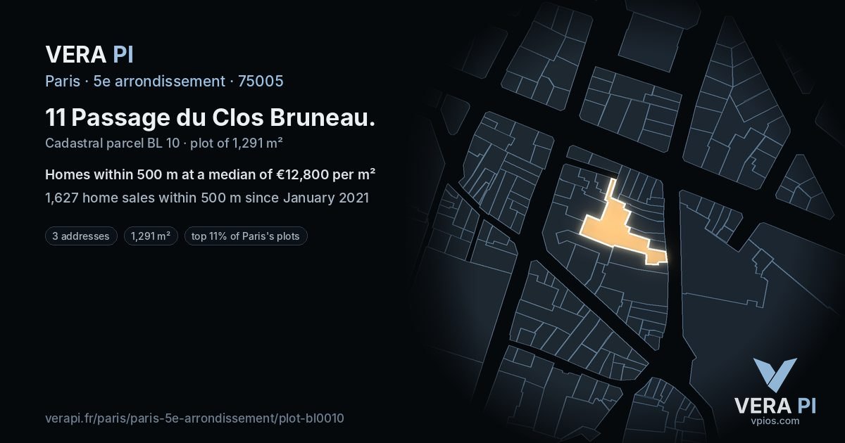 11 Passage du Clos Bruneau, 5e arrondissement at night – the plot lit, the parcels around coloured by the prices near them