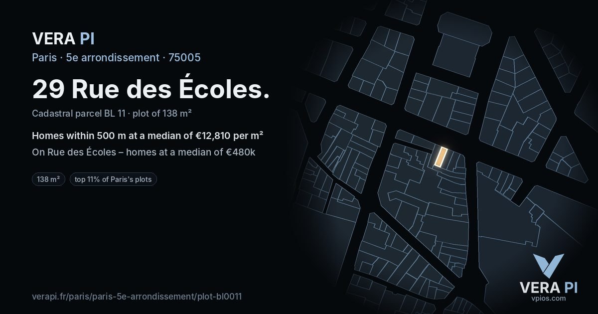 29 Rue des Écoles, 5e arrondissement at night – the plot lit, the parcels around coloured by the prices near them