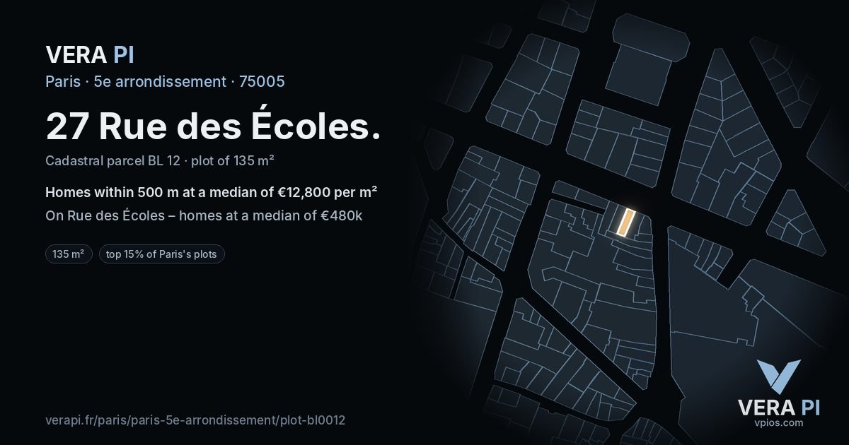 27 Rue des Écoles, 5e arrondissement at night – the plot lit, the parcels around coloured by the prices near them