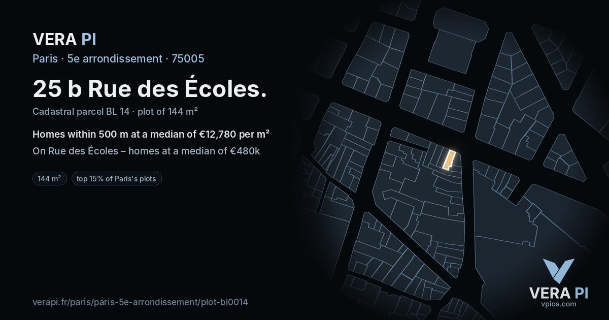 25 b Rue des Écoles, 5e arrondissement at night – the plot lit, the parcels around coloured by the prices near them