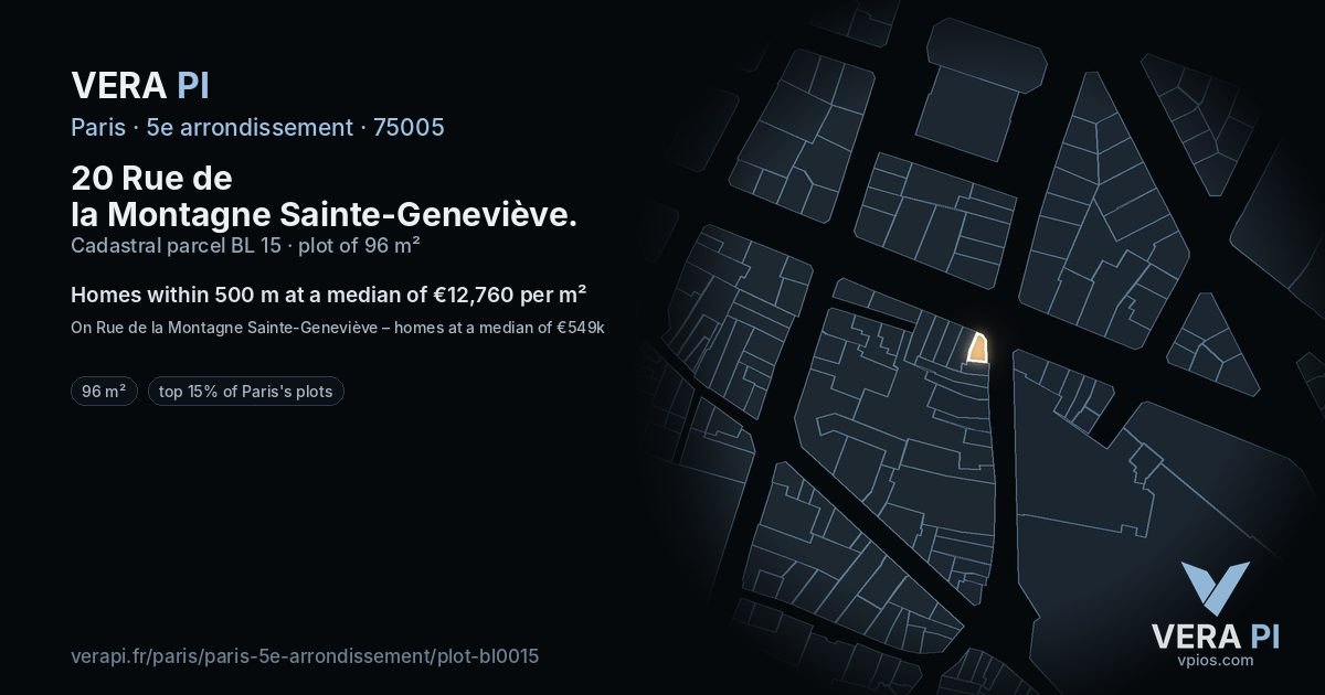 20 Rue de la Montagne Sainte-Geneviève, 5e arrondissement at night – the plot lit, the parcels around coloured by the prices near them