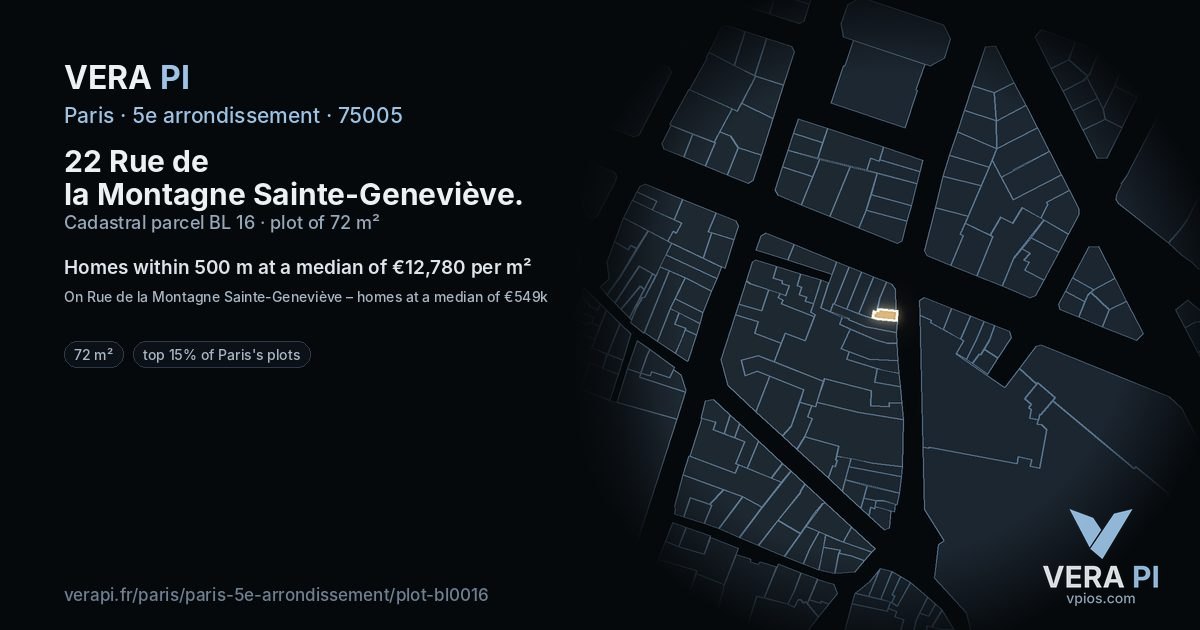 22 Rue de la Montagne Sainte-Geneviève, 5e arrondissement at night – the plot lit, the parcels around coloured by the prices near them