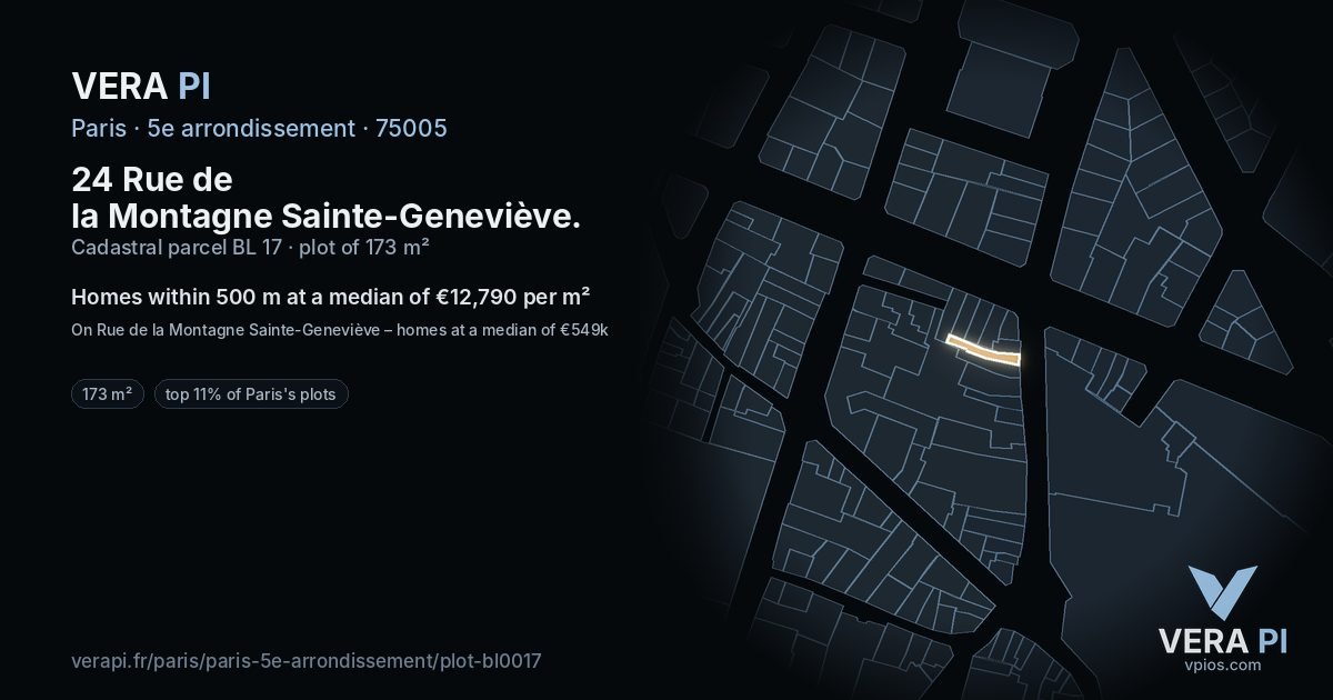 24 Rue de la Montagne Sainte-Geneviève, 5e arrondissement at night – the plot lit, the parcels around coloured by the prices near them