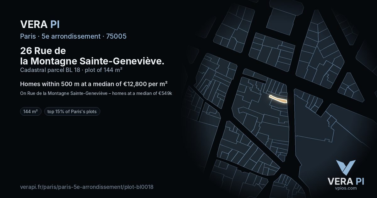 26 Rue de la Montagne Sainte-Geneviève, 5e arrondissement at night – the plot lit, the parcels around coloured by the prices near them