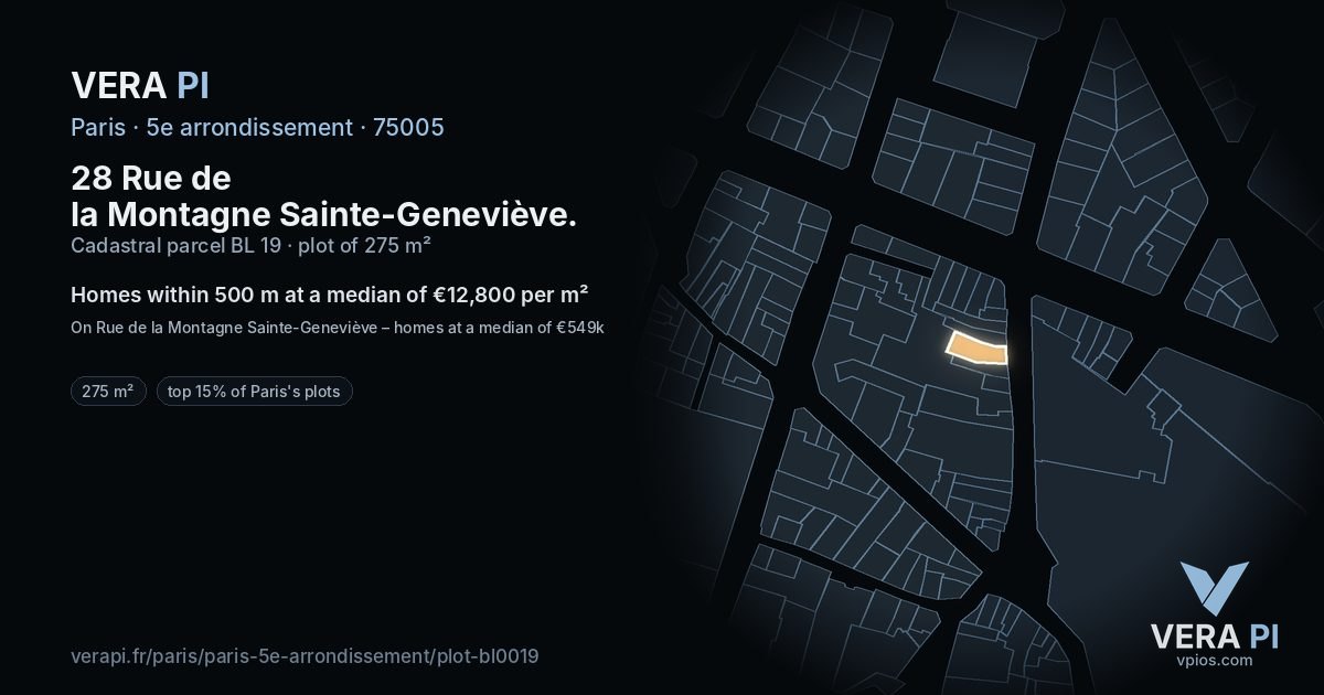28 Rue de la Montagne Sainte-Geneviève, 5e arrondissement at night – the plot lit, the parcels around coloured by the prices near them