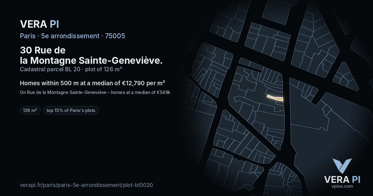30 Rue de la Montagne Sainte-Geneviève, 5e arrondissement at night – the plot lit, the parcels around coloured by the prices near them