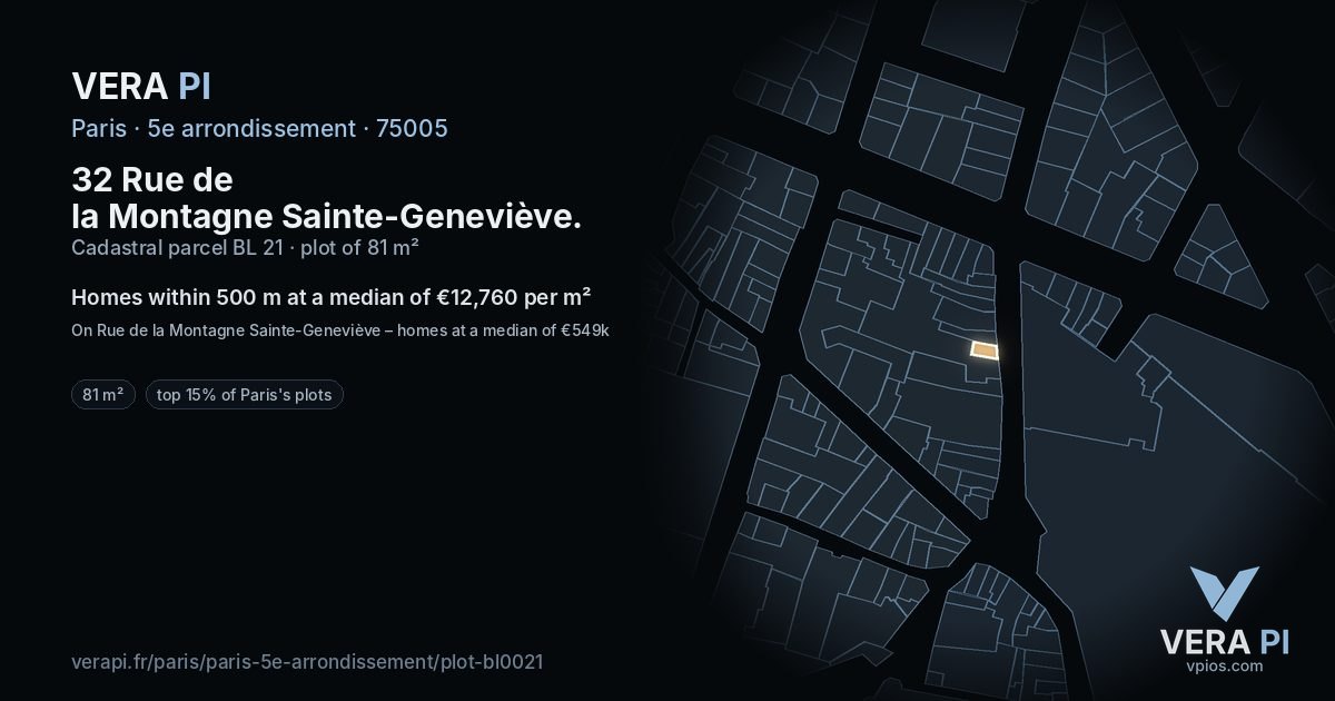 32 Rue de la Montagne Sainte-Geneviève, 5e arrondissement at night – the plot lit, the parcels around coloured by the prices near them