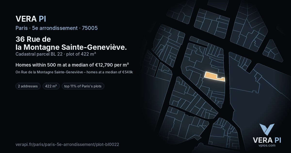 36 Rue de la Montagne Sainte-Geneviève, 5e arrondissement at night – the plot lit, the parcels around coloured by the prices near them