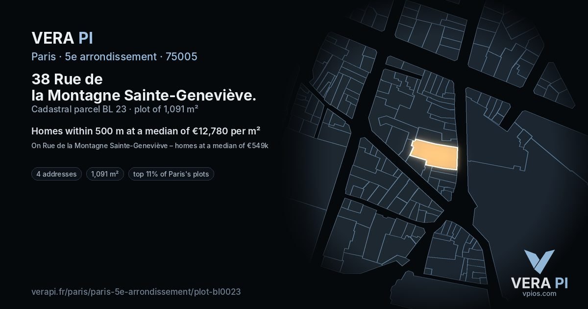 38 Rue de la Montagne Sainte-Geneviève, 5e arrondissement at night – the plot lit, the parcels around coloured by the prices near them