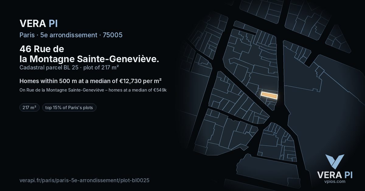 46 Rue de la Montagne Sainte-Geneviève, 5e arrondissement at night – the plot lit, the parcels around coloured by the prices near them